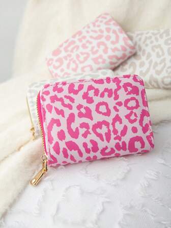 玫红色豹纹单层11卡位钱包小钱包迷你零钱包风琴包超薄卡套女士钱包迷你钱包零钱包卡包钱包