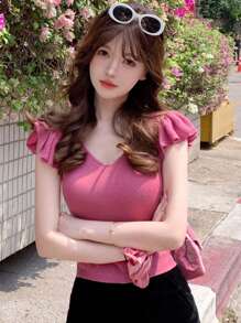 薄款短袖针织T恤女夏季新款修身显瘦百搭 - 粉色 - 查看 3