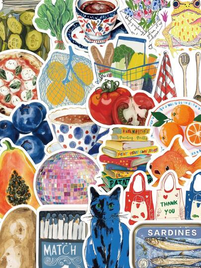 50pcs Mediterranean Style Artistic Stickers PVC Gift Cartoon Decoration Scrapbook Laptop Luggage Guitar Water Cup Phone Case DIY Decal,School Supplies,Back To School