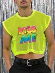 Mesh Sexy Hollow-Out Crop Top Tank, Colorful Graphic Print Streetwear Top