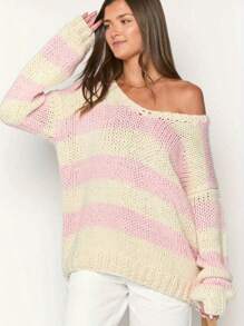 Women's Loose One-Shoulder Long-Sleeved Off-Shoulder Sweater Striped Knit Color Casual Pullover - Hồng - Xem 5