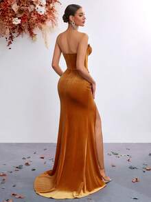 ADYCE Women's Deep V Neck Backless Long Party Dress With Rhinestone Decor, Pleated Slit Front, Elegant Formal Gown For Wedding, Prom, Gala Events - Gold - View 2