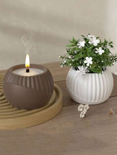 DIY北欧创意竖条纹多肉花盆模具混凝土石膏粘土铸造圆形花盆模具香薰蜡烛杯石膏蜡烛容器收纳盒硅胶树脂模具家居装饰