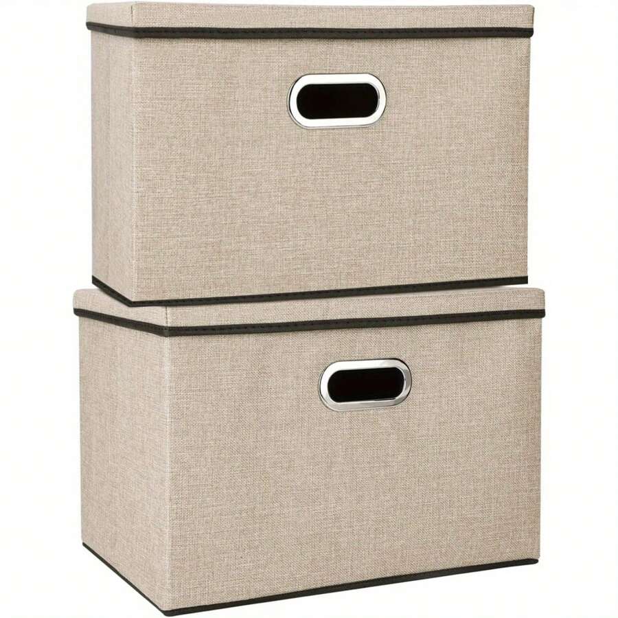 2pcs Foldable Fabric Storage Boxes With Lids Storage Cube Toy Box Storage Basket - Brown - View 1
