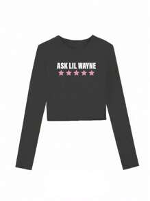 Women Plain Crew Neck Long Casual Sleeve Crop Fitted Slim Fit T-Shirt Heart & Slogan Graphic I Love My Boyfriend Husband Print Women's Short Elegant & Versatile ,Solid Color Suitable For Spring Summer And Autumn/Winter Seasons - Grey - View 3