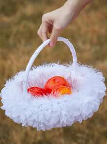 1 pieza Canasta grande para niña de las flores para bodas, canasta de boda de hadas, canasta de pétalos de marfil, confeti, dulces, suministros para fiestas, canasta de frutas, decoración del hogar, regalos, decoraciones de cumpleaños, decoraciones de fiesta, decoraciones de despedida de soltera, verano, playa, regreso a la escuela, suministros escolares, decoración de habitación