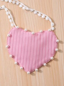 Girl Toddlers' Solid Ribbed Short Sleeve Crew Neck Rhinestone T-Shirt + Heart Net Skirt Set With Heart Crossbody Bag, Summer - Pink - View 10