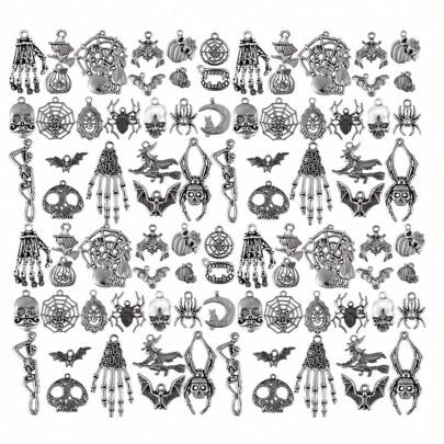 24/50/96 piezas de dijes y colgantes de Halloween en color plateado antiguo, accesorio para hacer joyería DIY de collares y pulseras (surtido aleatorio)