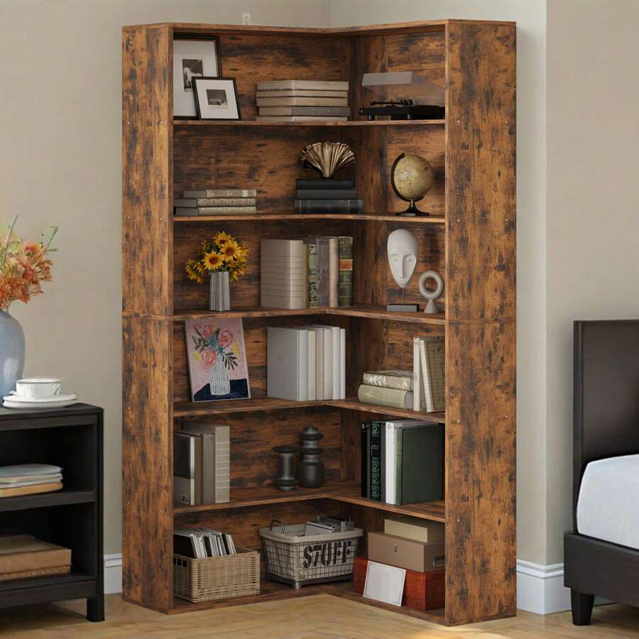 Corner Bookshelf With Baffles, Corner Bookcases 6 Tiers, Etagere Shelf Storage Rack For Living Room, Home Office, Vintage Brown