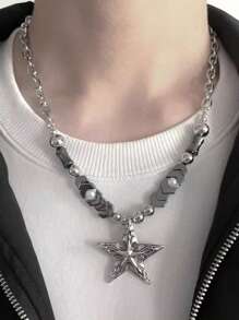 1pc Titanium Steel Non-Fading Rivet Patchwork Gothic Star Handcuffs Necklace For Men, Unique Hipster Collarbone Chain Sweater Necklace