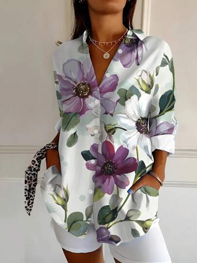 Áo sơ mi dài tay cài cúc đơn giản in họa tiết hoa cổ điển mới năm 2025, phong cách thường ngày cho kỳ nghỉ, màu trắng dành cho nữ mùa xuân/hè.