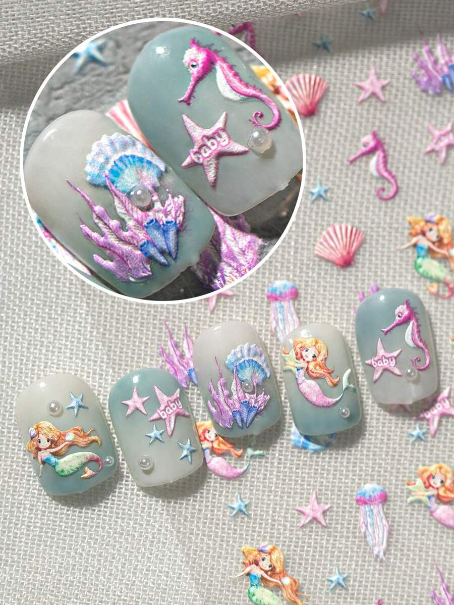 夏日海洋风指甲贴立体浮雕多色海星贝壳可爱美人鱼简约卡通背胶装饰指甲贴纸