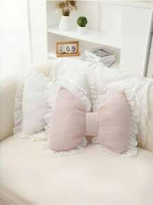 1pc Soft & Cute Bow Decorative Throw Pillow, Ruched Lace Bow Cushion For Sofa, Bed, Living Room & Bedroom, Ideal Mother's Day Gift For Mom, White