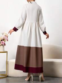 Rochie maxi pentru femei cu guler cămașă și blocuri de culoare - Rochie elegantă cu mânecă lungă și panouri contrastante pentru ținute casual de primăvară-vară, rochii elegante și modeste - Multicolor - Vizualizare 5