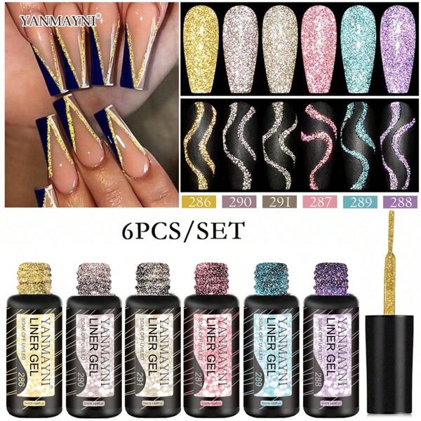 YANMAYNI 6pcs 5ml Reflective Glitter Liner Flash Painted Polish 6 Colors Golden Light Golden Silver Pink Blue Purple Sparkle Reflective Liner Gel Polish , 3D Disc French Nail Art French Tips Swirls DIY Manicure Soak Off UV Curing With Thin Brush