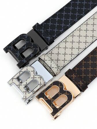 caivektine 1条新款男士皮带，B字母扣，字母印花皮带带，高端商务休闲风，多种款式可选，适合日常休闲、朋克风、复古秋冬都市风穿搭、经典圣诞冬装、日常男士男友礼物