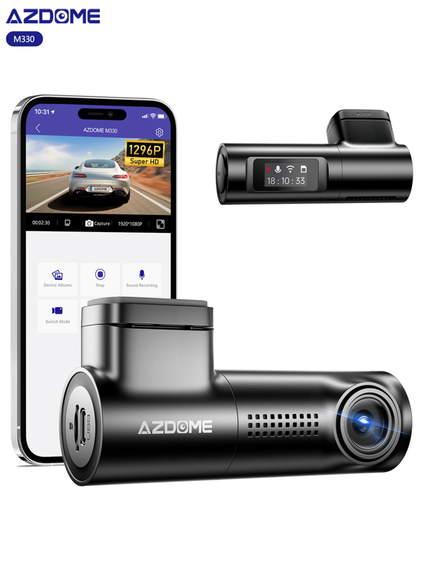 AZDOME Dash Cam Auto M330 1296P Telecamera per Auto con 0.96" IPS Screen, WiFi, Controllo APP, Super Visione Notturna,170° Grandangolo, Sensore G, 24H Monitor di parcheggio