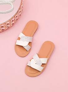 Girl Braided Open Toe Casual Fashion Slippers - White - View 3