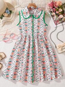 Left Mama 女童甜美复古风无袖碎花连衣裙，适合海滩度假，夏季