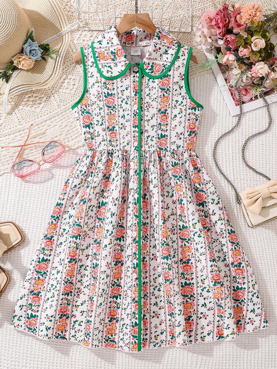 Left Mama 女童甜美复古风无袖碎花连衣裙，适合海滩度假，夏季