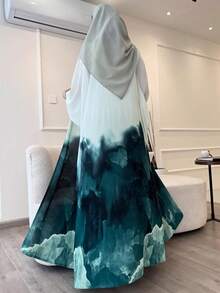 1 buc. Rochie Abaya pentru femei din Orientul Mijlociu, minimalistă la modă, cu valuri digitale și munte, imprimată retro, în culori solide, tip cardigan lung, potrivită pentru purtare zilnică și festivaluri, kaftan modest