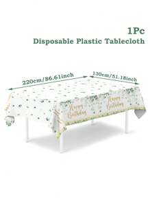 1pc 130*220cm Green Leaves Style Happy Birthday Party Disposable Rectangular Tablecloth, Spring Summer Birthday Decorative Plastic Table Cover Table Runner, Birthday Family Holiday Spring Party Dining Room Kitchen Table Decor, Home Decor, Birthday Party Decorations Supplies, Birthday Decor, Happy Birthday Waterproof Green Sage Pattern White PE Table Cloth Table Cover Table Runner, Party Favors - Sage - View 3