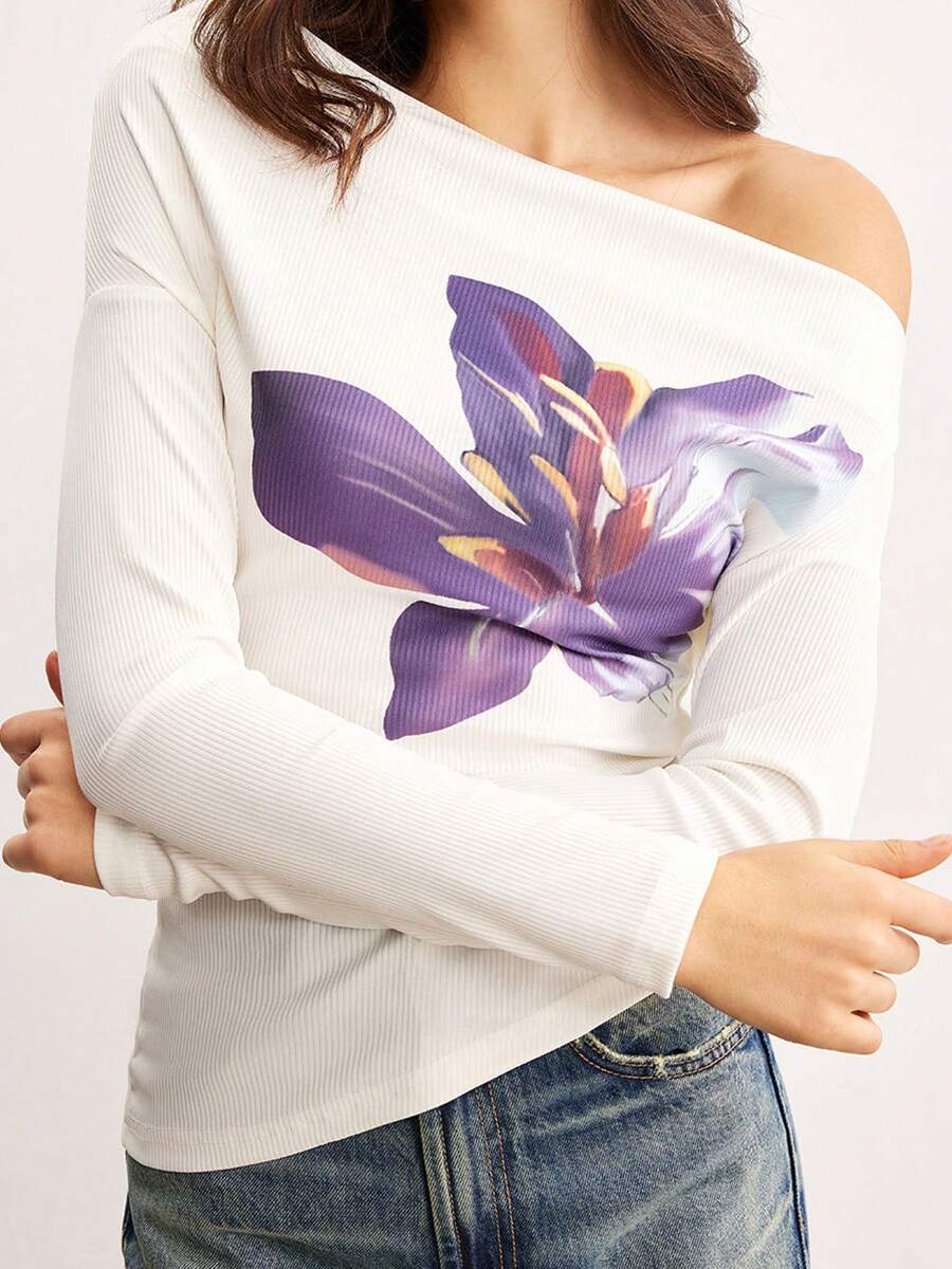 Women's Spring Floral Print Tops Long Sleeve Off Shoulder Slimming T-Shirt - White - View 1