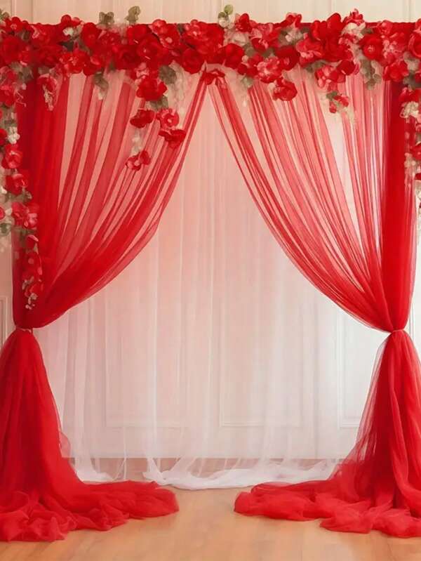 1/2 pièces Tenture d'arche en tulle rouge, rideau de fond de fête en organza, rideau de valence en maille pour arche de mariage, décoration de mariage et de fête, tissu fond crème, décorations pour baby shower et anniversaire, décorations de fond, fournitures de mariage, tissu pour arche de mariage, décoration de fond pour cabine photo, décoration de la Saint-Valentin, décoration de scène, maille noire, faveurs de mariage (avec pinces)