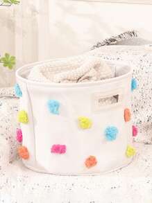 1pc Color Pom-Pom Waterproof Canvas Catchall Bin, Desktop Storage Basket For Household Laundry Room - Multicolor - View 2