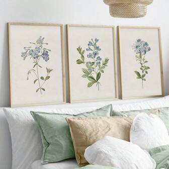 Set Of 3 Vintage Blue Botanical Gallery Wall Arts Prints, Rustic Wall Decor, Flower Art Canvas Posters, Country Farmhouse Decor, Artwork For Living Room, Bedroom, Kitchen, Restaurant, Cafe, Bar, Home Office, Hallway, Home And Room Decoration, Unframed