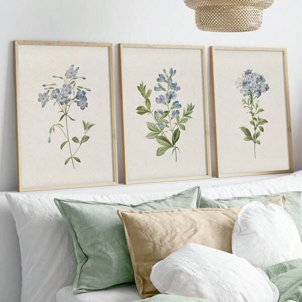 Conjunto de 3 impressões de arte de parede de galeria botânica azul vintage, decoração de parede rústica, pôsteres de tela de arte de flores, decoração de casa de fazenda, arte para sala de estar, quarto, cozinha, restaurante, café, bar, escritório em casa, corredor, decoração de casa e quarto, sem moldura