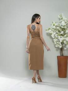 V761 Tailored Midi Dress With Straps - Mocha Brown - View 2