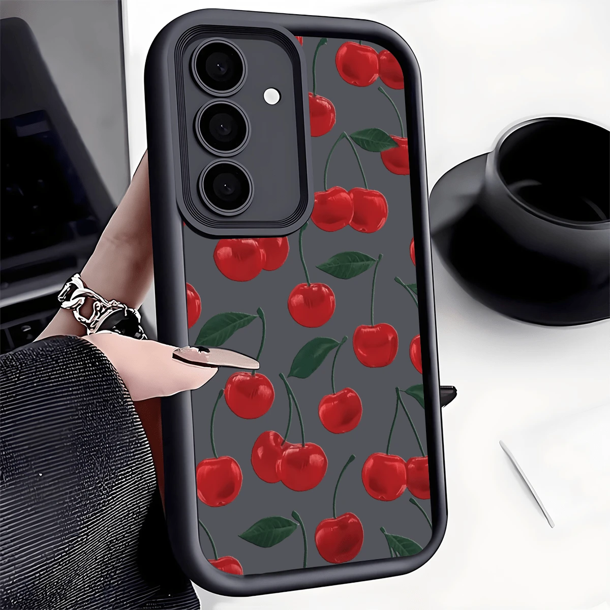 1pc Red Cherry Fully Protective Anti-Fall Phone Case, Thick Anti-Slip Protective Cover Compatible With Apple, Compatible With Honor, Compatible With Redmi,International Version, Not The Domestic Version - Black - View 1