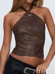 Parte superior/chaleco de ajuste ceñido, estilo vintage con escote halter y espalda descubierta con anilla, atractivo y elegante para primavera y verano, ideal para uso diario