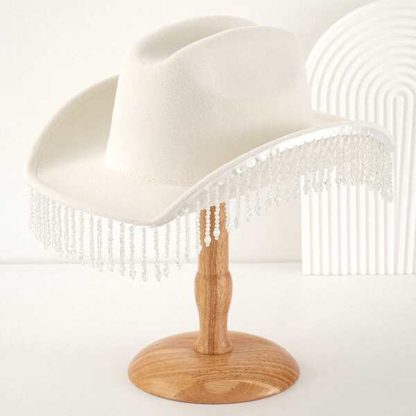 Fashion-Forward Women Cowgirl Hat Featuring Wide Brim And Pearls - Tasseled Western Hat For Epic Club Parties