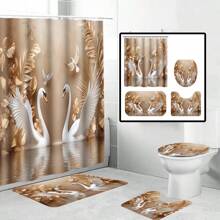 1/4pcs Elegant Swan Print Waterproof Shower Curtain Set With 12 Hooks, Floral And Golden Decorative Elements, Bathroom Decor Curtain With Toilet Cover, U-Shape Mat, Modern Home Bath Accessory, Machine Washable