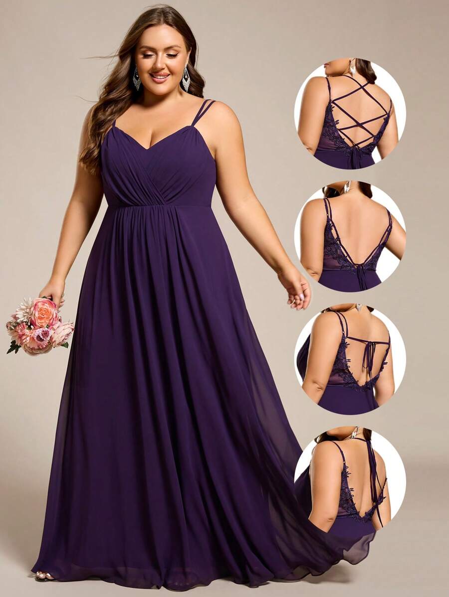 EVERPRETTY Plus Chiffon Spaghetti Strap Plunging Backless Pleated Bridesmaid Dresses - Purple - View 1