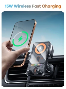 Newest Phone Holder For Car, With Wireless Charger, Music Light Effect, One-Click Open/Close And Rotation 90°, Seismic And Anti-Slip Silicon, Wireless Charging Stand, Gift For Driver, Workout, Travel
