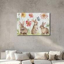 1pc Wooden Framed Wall Art, Wrapped Canvas Vintage Prints Poster, Easter Day, Three Rabbits In A Field Of Flowers, Birthday Party Decor, Decorative Wall Art For Living Room Bedroom Office, Hanging Hardware Included - Framed, Horizontal