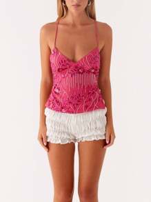Women Y2k Sequin Beaded Cami Top Sparkly Floral Open Back Spaghetti Strap Crop Tank Top Sexy V Neck Camisole Summer Backless Pearl Embellished Shirts Going Out Tops Beach Vacation Party Clubwear Fairy Grunge Retro Aesthetic Clothes Streetwear - 玫紅色 - 查看 5