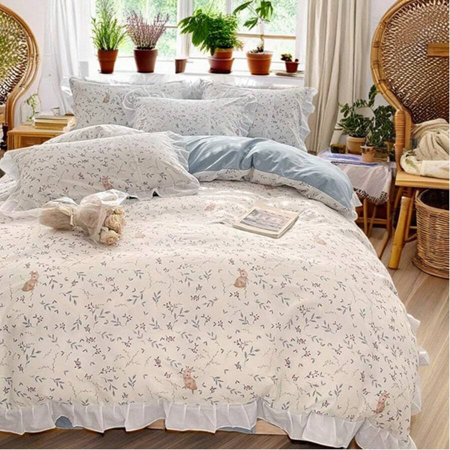 Vclife Queen Comforter Set White Blue Girls Romantic Ruffle Comforter With 2 Pillow Shams Vintage Cozy Bed Comforter Set For All Seasons - Chăn in sợi hóa học - chú thỏ đáng yêu - Xem 1