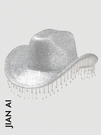 1pc Unisex Rhinestone Tassel Fringed Shiny Cowboy Hat, Creative Punk Style Wide Brim Hat, Suitable As Bridesmaid/Bride Hat, Great For Parties, Western Themed Events, Gatherings, Engagement Parties, Cosplay, Graduations, Masquerade Balls, Festivals, Weddings, Birthdays, Music Festivals, Coming Of Age Ceremonies