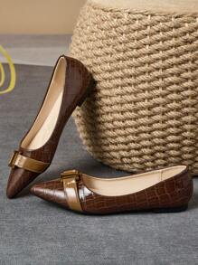 Women's Pointed Toe Flats, Soft Bottom Low-Cut Slip-On Loafers With Chain Decoration & Marble Pattern, Casual Comfortable Versatile Flat Shoes, Suitable With Dresses, Commuting Leather Office Lady Shoes