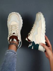 Women's Casual Sports Shoes, New Lace-Up Leather & Mesh Patchwork Breathable Lightweight Comfortable Sneakers, Chunky Sneakers, Thick Sole Non-Slip Outdoor Casual Walking Travel Shoes - Beige - View 6