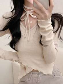 女士休闲纯色针织T恤，春季新品 - 杏色 - 查看 3