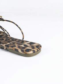 性感系带平底凉鞋，豹纹时尚罗马风女式沙滩凉鞋