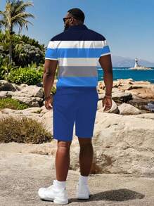 Plus Size 1 Set Men's Striped Print 2 Pieces Outfit, Includes Casual Polo Collar Short Sleeve Shirt And Shorts Set, Suitable For Summer, Men's Leisure Vacation Workout