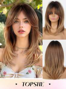 16 Zoll natürlicher Farbverlauf Schwarz Braun mittellanges lockiges Perücke aus hitzebeständiger Synthetikhaar Perücke mit Pony in Acht-Form für Frauen, für den täglichen Gebrauch, Partys, Muttertag, Musikfestivals