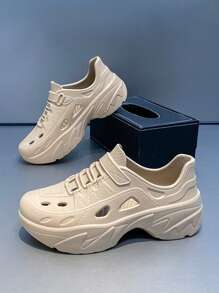 Men's Casual Perforated Slip-On Shoes, Korean Style, Versatile, Thick Sole, Breathable, Non-Slip, Fashion Sneakers - Khaki - View 2