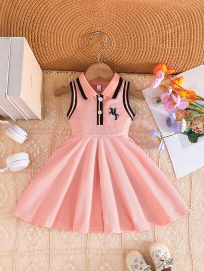 Girls Breathable Comfortable Cute School Style Lapel Embroidered Summer Dress, Elegant Fashion Dress For Toddler